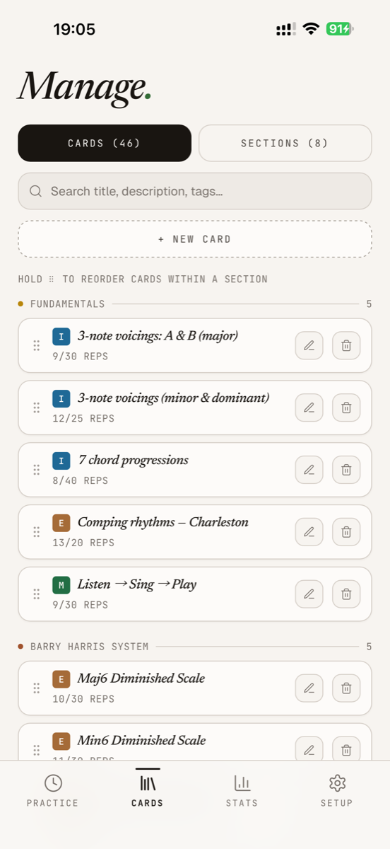 Riffshed — Cards & sections