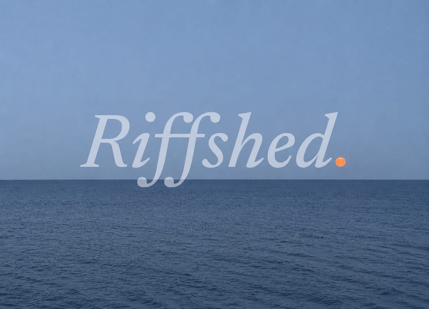 Sunset over the Mediterranean from Limassol, Cyprus — the Riffshed wordmark on the horizon, its coral dot meeting the rising sun